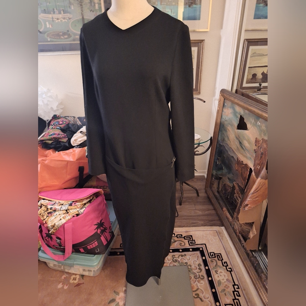 MARISA MINICUCCI LONG BLACK DRAPED ELEGANT WOOL DRESS SZ 12 CANADA